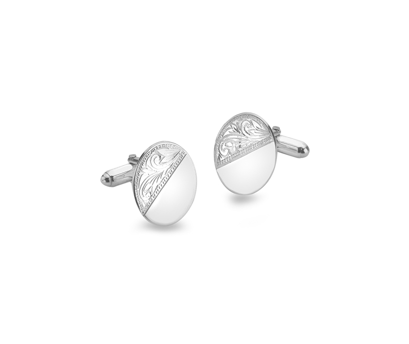 Silver Oval Cufflin Half Engraved