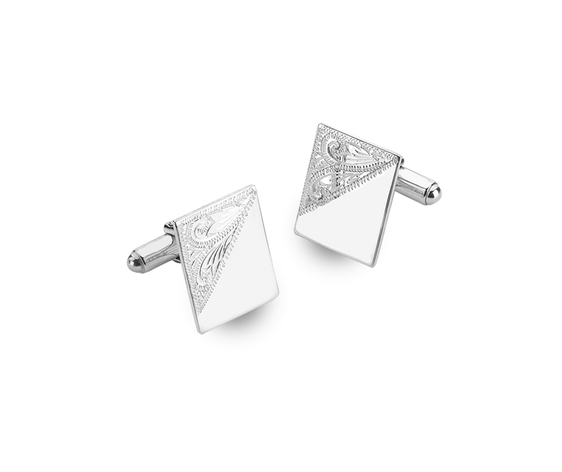 Silver Rectangle Cufflink Half Engraved