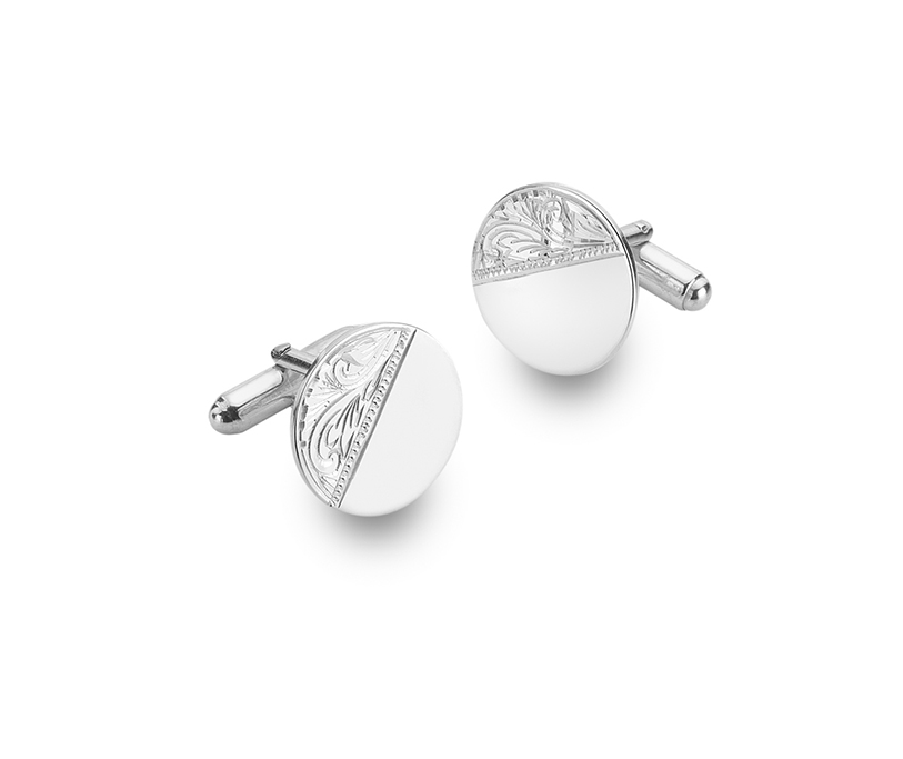 Silver Circle Cufflink Half Engraved