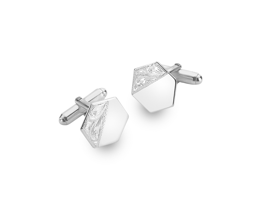 Silver Hexagon Cufflink Half Engraved