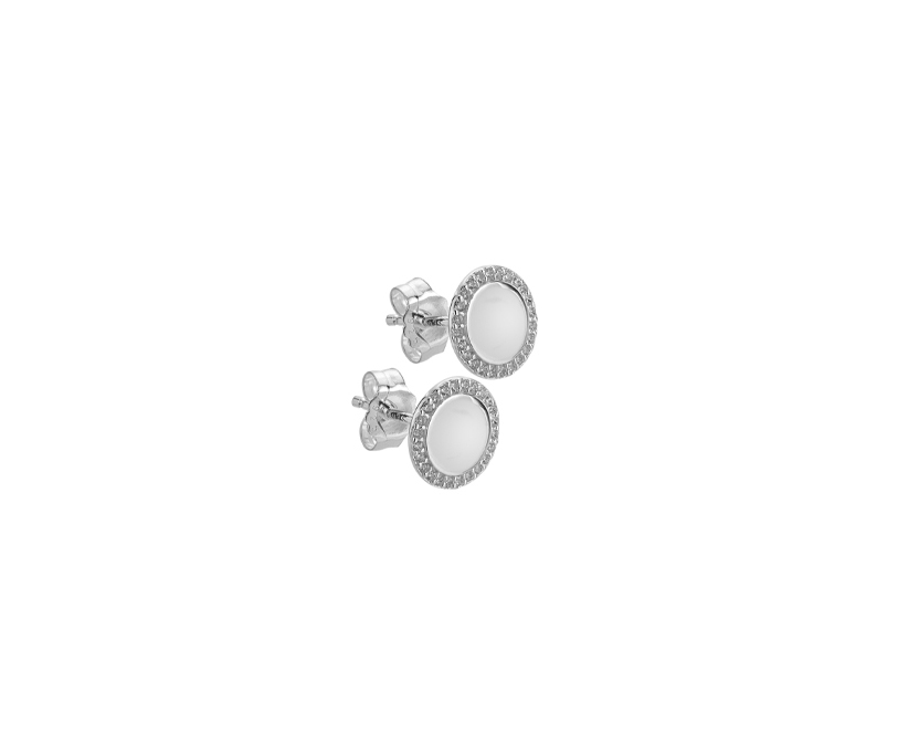 Silver Border CZ Disc Stud Earring