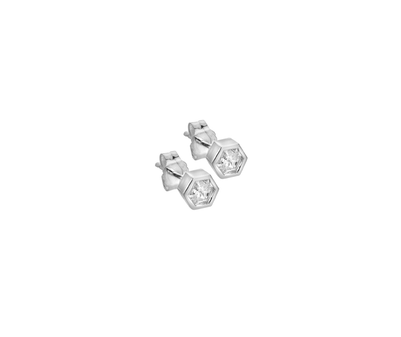 Silver Hexagon CZ Set Stud Earring
