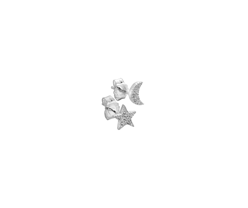 Silver Moon and Star CZ Stud Earring